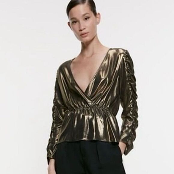 ZARA Blouse Gold Wrap Shirt Peplum Top Size Small - Picture 3 of 9